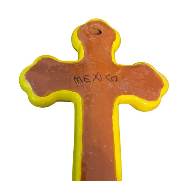 Ceramic CROSS Yellow Colorful High Gloss with Flowers Mexican Folk Wall Art 7" - Picture 6 of 11